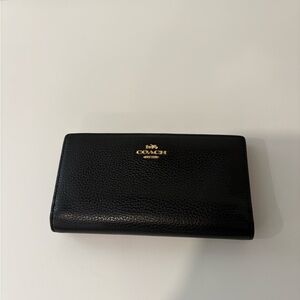 Coach Black Pebbled Leather Continental Wallet with Gold Logo